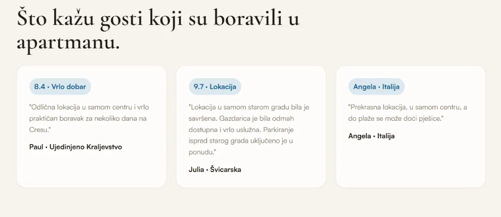 Grid s recenzijama zadovoljnih gostiju iz Ujedinjenog Kraljevstva, Švicarske i Italije s visokim ocjenama i dojmovima o boravku