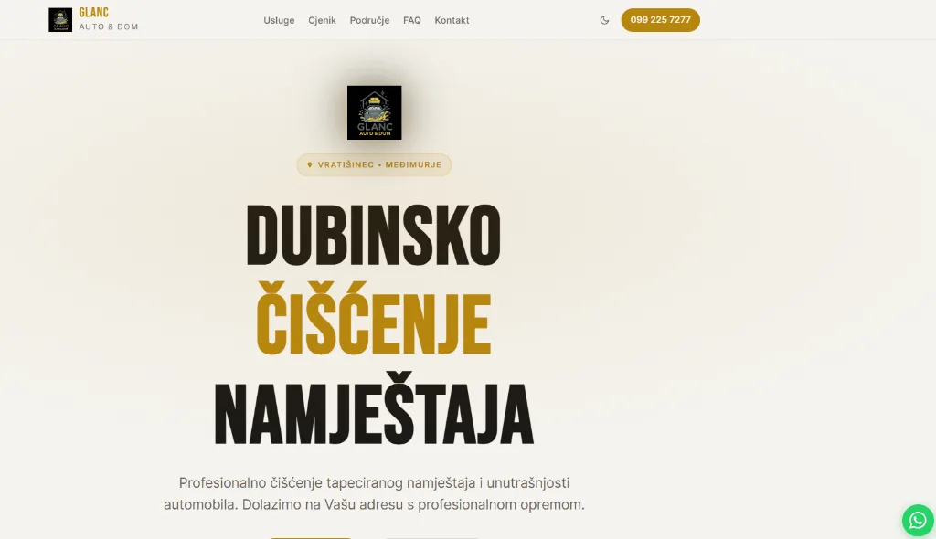 Početna stranica GLANC AUTO & DOM s upečatljivim premium vizualnim identitetom i jasnim pozivima na akciju