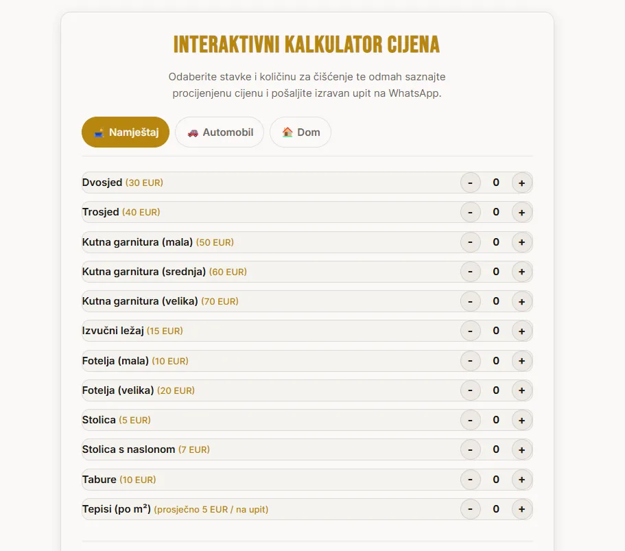 Predivno dizajnirani interaktivni kalkulator cijena s brzim tabovima i kontrolama za namještaj u realnom vremenu