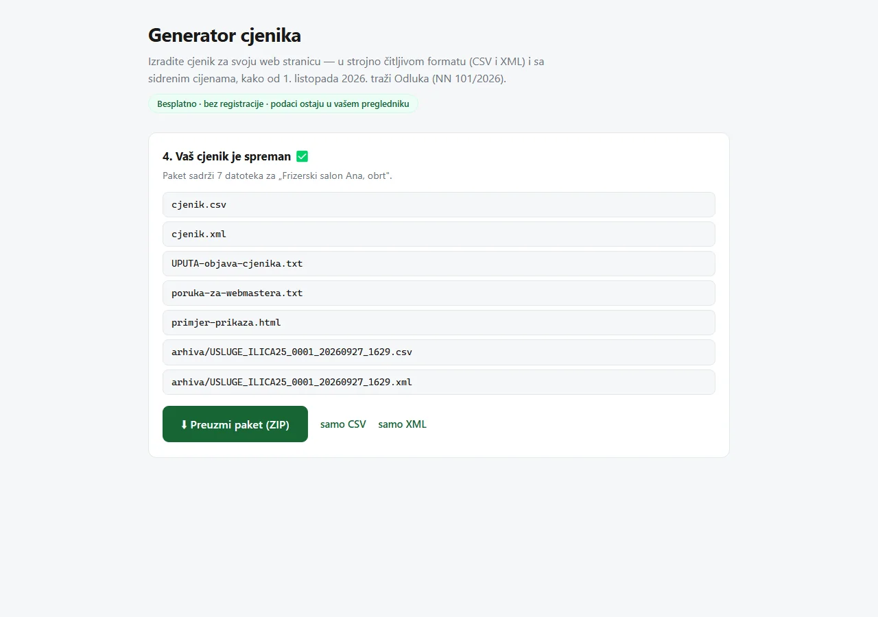 Cijeli paket: cjenik, upute, poruka za webmastera, primjer, arhiva