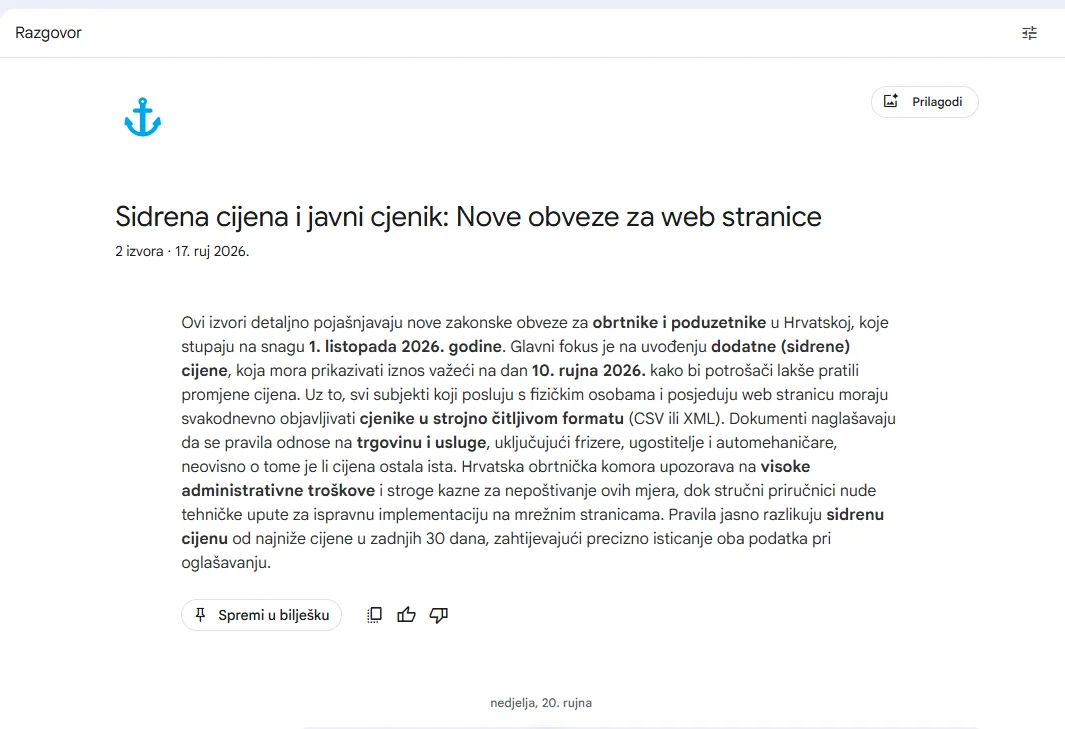 Sažetak iz NotebookLM: sidrena cijena i javni cjenik za web stranice